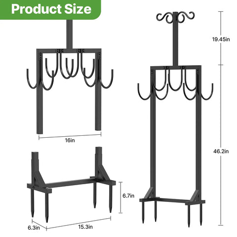 Heavy Duty Garden Hose Holder With Dual Side Hooks And Freestanding Shepherd Hook dimensions, iron frame with 125 ft capacity.