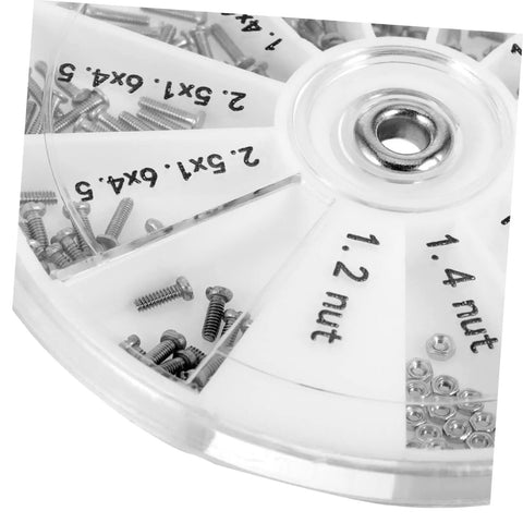 Portable Eyeglass Repair Kit With Mini Screwdriver And Compact Storage Box For Quick Fixes Of Glasses Sunglasses And Watches On The Go Easy To Use Highly Organized Grab And Go Travel Repair Kit showing organized screws and nuts in a circular container.