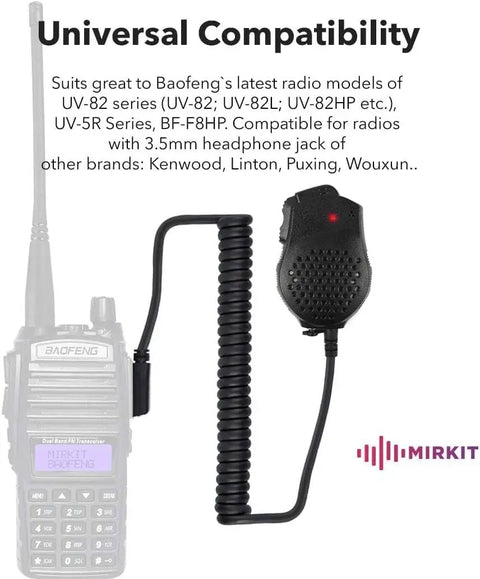 Rugged Dual PTT Baofeng Speaker Mic For UV-82 Series And UV-5R Radios, coiled cord and compact design next to a radio