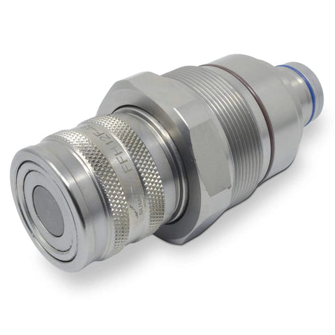 Hydraulic female flat-face quick-coupler cartridge manifold, silver metal with knurled cap and blue O-ring