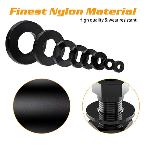 500 Piece Nylon Flat Washer Set Eight Sizes M2 M2.5 M3 M4 M5 M6 M8 M10 Black Sealing Spacer Gasket Ring Washers For Hardware DIYers And Pros On The Job