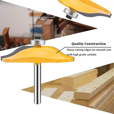 Pro Grade Quarter Inch Shank Groove Tongue Router Bit with back cutter and panel round over edge tool for woodworking.