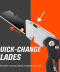 Front view of a REXBETI retractable utility knife with orange/black handle and quick-change blade.