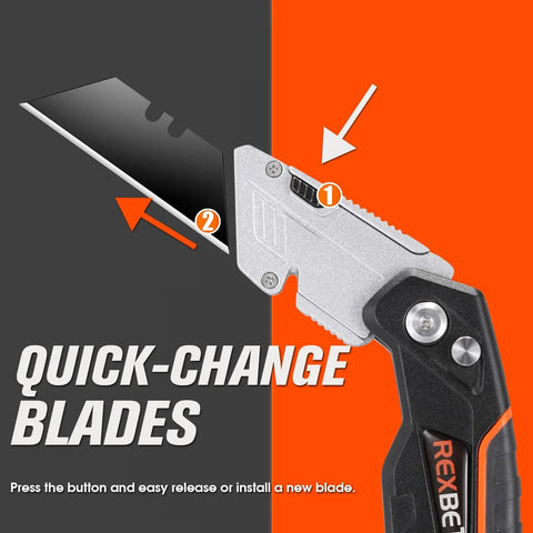 Front view of a REXBETI retractable utility knife with orange/black handle and quick-change blade.