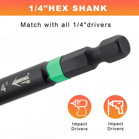 Close-up of 1/4 inch hex shank from Beast 41-Piece Magnetic Nut Driver Set With Impact Bits For Quick Work, SAE and Metric Cr-V Steel.
