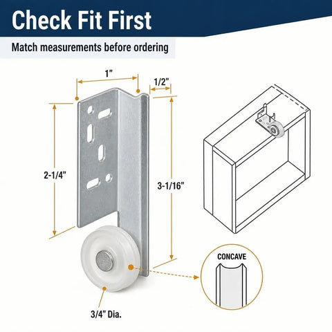 Heavy Duty Center Roller Assembly For Hella Smooth Drawer Glide Two Pack Nylon Wheel C Style Track Replacement With Zero Hassle Mounting Hardware Solid Steel Build with measurements and concave design.