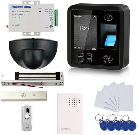 Smart Fingerprint Access Control System For One Door With A 600Lb Magnetic Lock, Exit Motion Sensor, Metal Exit Button, 110V To 240V Power Supply, Wired Doorbell, RFID Cards And Fobs, And Entry Log Recording