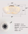 20" Feather Decor Flush Mount Ceiling Fan with Remote showing dimensions and materials, white acrylic fan blades and iron frame.