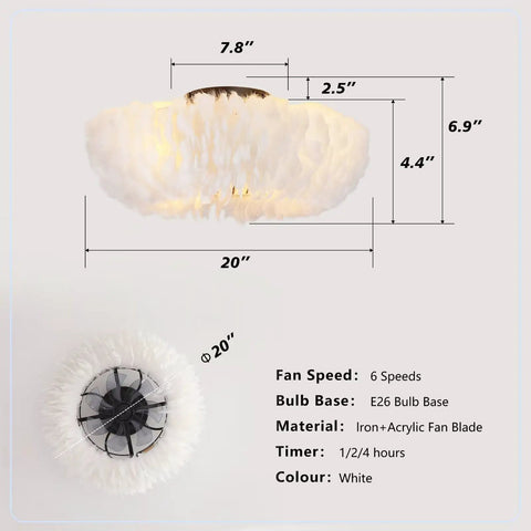 20" Feather Decor Flush Mount Ceiling Fan with Remote showing dimensions and materials, white acrylic fan blades and iron frame.