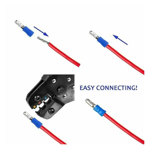 Premium 1300PCS Insulated Cable Connector Kit With Crimp Spade Butt Ring Fork Set And Roll Terminals Assorted Electrical Wire Lugs; blue insulated crimp connectors on red wire with crimping tool