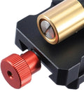 Close-up of Badass Adjustable Honing Guide Sharpening Jig with gold and red adjustment knobs for woodworkers.