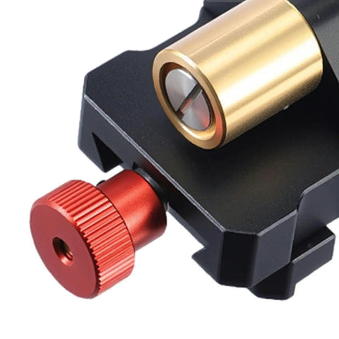 Close-up of Badass Adjustable Honing Guide Sharpening Jig with gold and red adjustment knobs for woodworkers.