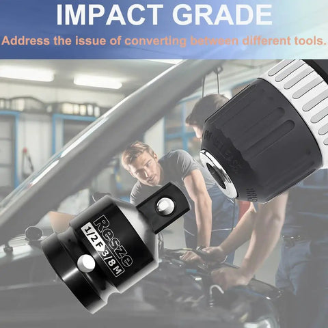 2 Pack Impact Socket Adapter And Reducer Set 1/2 To 3/8 Drive Square Adapter For Breaker Bar Wrench Conversion displayed next to mechanic.