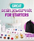 Resin Jewelry Making Starter Kit For Beginners With Molds And Tools Silicone Casting Molds Clear Epoxy Resin Kit For DIY Jewelry Easy Instructions Perfect Gift For Creative Crafters And Resin Art Newbies, with storage bag, tools, and resin pigments.