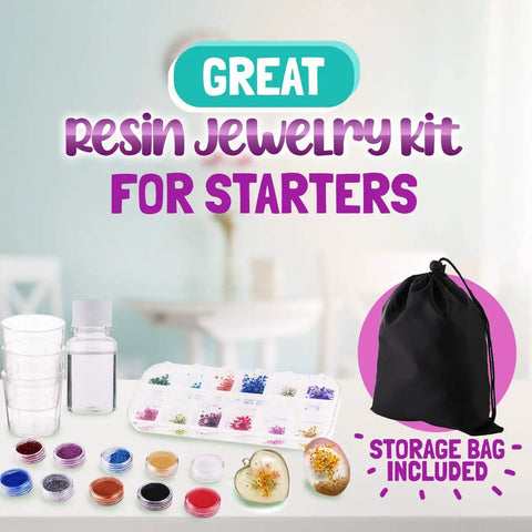 Resin Jewelry Making Starter Kit For Beginners With Molds And Tools Silicone Casting Molds Clear Epoxy Resin Kit For DIY Jewelry Easy Instructions Perfect Gift For Creative Crafters And Resin Art Newbies, with storage bag, tools, and resin pigments.