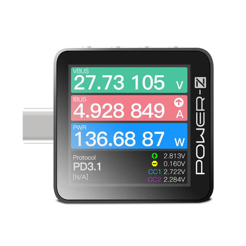 KM003C Portable USB C Fast Charging Tester With PD 3.2 And QC5.0 showing voltage and current readings on screen