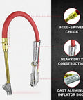 Ultimate Tire Inflator Gauge With Dual Head Straight Foot Air Chuck And 15 Inch Air Hose Accurate 10-160 PSI Readout Easy-Read Dial Universal Fit For Cars Trucks SUVs And Bikes showing full-swivel chuck and heavy-duty construction