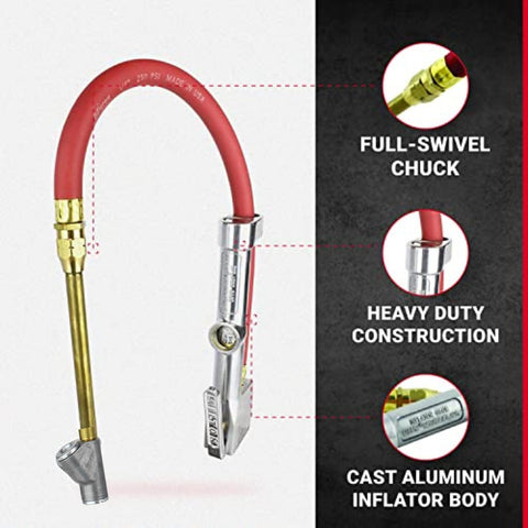 Ultimate Tire Inflator Gauge With Dual Head Straight Foot Air Chuck And 15 Inch Air Hose Accurate 10-160 PSI Readout Easy-Read Dial Universal Fit For Cars Trucks SUVs And Bikes showing full-swivel chuck and heavy-duty construction