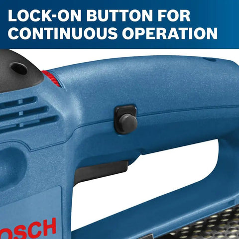 Close-up of GEX33-6N 6 Inch Multi-Hole Random Orbit Sander And Polisher lock-on button for continuous operation.