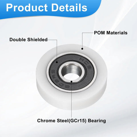 Set Of 4 White Roller Idler Bearing Pulleys 8X30X7Mm With Smooth 608RS Bearings For Quiet Conveyor Track Rolling Wheel Applications In Furniture Hardware Accessories And DIY Projects - close-up of single roller detail.