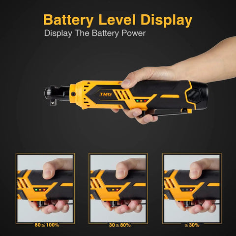Cordless Electric Ratchet Wrench Set Workhorse For Auto Repair And Diy Projects Three Eighths Inch 40 Ft Lbs Torque 230 RPM 12V showcasing battery level display
