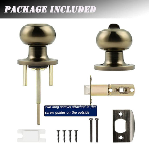 Privacy Door Knob Lock Set For Interior Bedroom And Bathroom Doors Keyless Turn Button Privacy Round Ball Handle In Antique Brass Stainless Steel Durability 5 Pack with screws and latch.