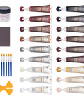 Wood Scratch Repair Kit With 18 Color Wood Filler Paste For Fixing Scratches Cracks Stains And Discoloration On Vinyl Hardwood Laminate Floors Furniture Doors Cabinets And Tables Multi Surface DIY Home Improvement showing tubes, brushes, scraper, sandpaper.