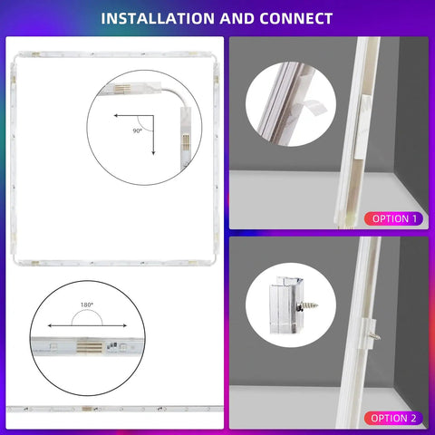 PMMA Covered LED Strip Lights 16ft With 150 High-Level Chips installation process showing 90 and 180 degree connection angles