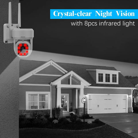 3K Ultra HD PT Wireless Security Camera System With AI Human Tracking mounted outside a house at night with infrared lights on