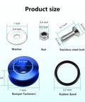 Heavy Duty Car Bumper Quick Release Kit With Aluminum Alloy Fasteners For Front And Rear Bumpers Universal Double Spacer Bracket Trunk Fender Hatch Easy Install Includes 4 Release Tabs And 10 Blue O Rings showing parts dimensions.