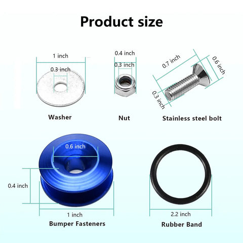 Heavy Duty Car Bumper Quick Release Kit With Aluminum Alloy Fasteners For Front And Rear Bumpers Universal Double Spacer Bracket Trunk Fender Hatch Easy Install Includes 4 Release Tabs And 10 Blue O Rings showing parts dimensions.