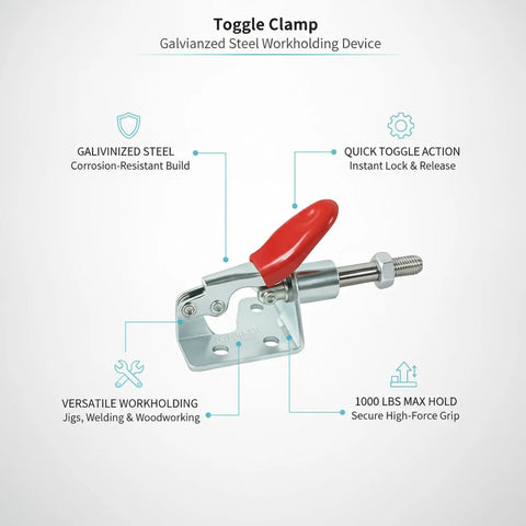 Built Like A Tank Galvanized Steel Toggle Clamp With Bright Red Handle For Welding Fixtures And Woodworking Jigs Clamping Pieces Fast With No Sweat Grip During Any Build Project with quick toggle action and secure grip.