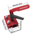 Slick Aluminum T Track Miter Stop Rail For Woodworking Jigs Dead Nuts Precise Cutting Setup with red locking handle and dimensions scale.
