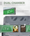 43 Gallon Dual Chamber Compost Tumbler With 360 Degree Rotation And 16 Aeration Vents in gray with green sliding doors