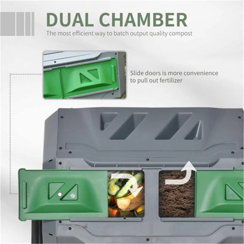 43 Gallon Dual Chamber Compost Tumbler With 360 Degree Rotation And 16 Aeration Vents in gray with green sliding doors