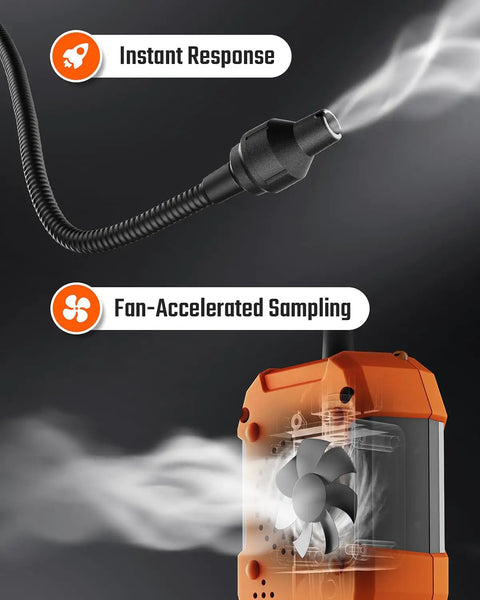 Rechargeable Gas Leak Detector with 10 Inch Goose Neck and Fast Active Sampling Fan system in action.