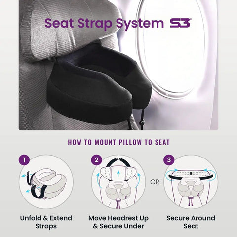 Long Haul Travel Pillow With Memory Foam For Neck And Head Support, Jet Black, 360 Degree Neck Support, Secure Seat Straps illustration