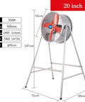 20 Inch Heavy Duty Floor Fan Crushes Sticky Heat With A Rugged Metal Drum Build Built Like A Tank For Busy Workshops Garages And Patios Featuring Quick Tilt Adjustment And Serious Airflow Output side view with specifications