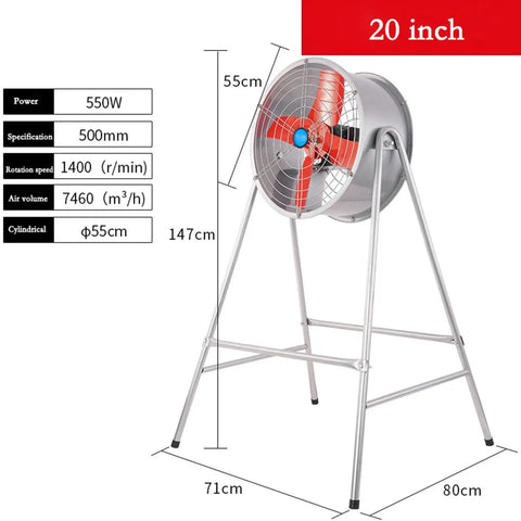 20 Inch Heavy Duty Floor Fan Crushes Sticky Heat With A Rugged Metal Drum Build Built Like A Tank For Busy Workshops Garages And Patios Featuring Quick Tilt Adjustment And Serious Airflow Output side view with specifications