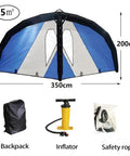Inflatable Wing Foil for Kitesurfing and Windsurfing with blue and white nylon sail, 350x200 cm, includes backpack, inflator, and rope.