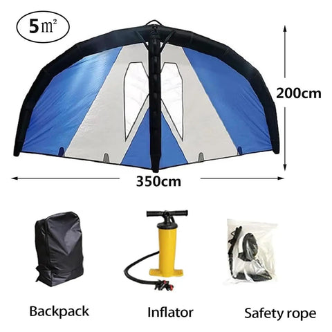 Inflatable Wing Foil for Kitesurfing and Windsurfing with blue and white nylon sail, 350x200 cm, includes backpack, inflator, and rope.