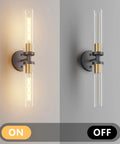 Mermiviok Matte Black Wall Sconces Set of 2, Clear Glass Vanity Lights displays light on and off, showcasing design and glass detail.