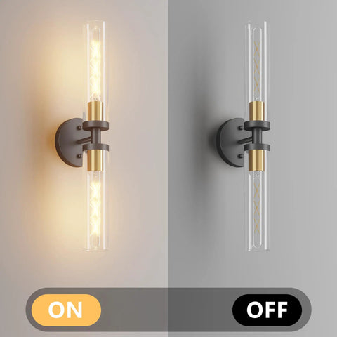Mermiviok Matte Black Wall Sconces Set of 2, Clear Glass Vanity Lights displays light on and off, showcasing design and glass detail.