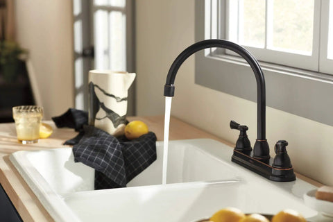 Elmhurst Two-Handle Kitchen Faucet With Twist Aerator, Deck Mount, Oil Rubbed Bronze, High Arc Gooseneck Spout in kitchen sink
