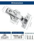 Dimensions and components of 3D Adjustable Removable Cabinet Hinges With Soft Close Satin Nickel Finish for kitchen cabinets.