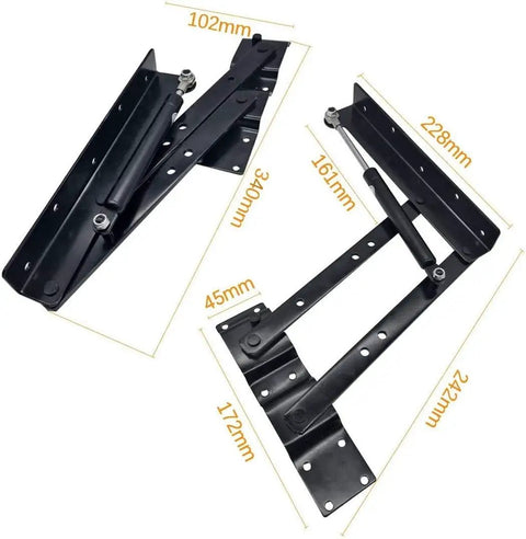 Two Pack Folding Lift Up Top Coffee Table Mechanism With Gas Hydraulic Hinges shown with dimensions in black steel
