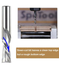 Top Shelf Killer 2 Pack Downcut Spiral Router Bits 1/2 Inch Shank Solid Carbide showing down-cut design for smooth routing.
