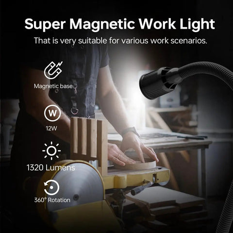 1320 Lumen LED Magnetic Work Light With Flexible Gooseneck and Magnetic Base in workshop setting