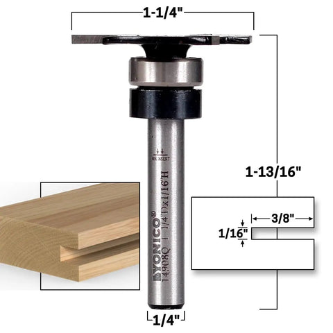 Knockout Quality Top Bearing Slot Cutter Router Bit With Quarter Inch Shank and Heavy Duty Tungsten Carbide Blades dimensions and usage for wood grooves.