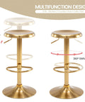 Adjustable Swivel Bar Stools Set Of 2 Round Gold Brushed Metal Airlift Stools showing height adjustment and 360° swivel features